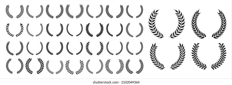 Laurel wreath icon set. Assorted foliage and wheat wreath vector icons set. Round leaf wreath design for trophy crest, award and achievement border. Vector illustration collection.