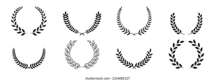 Laurel wreath icon set of black silhouette, isolated on white background.