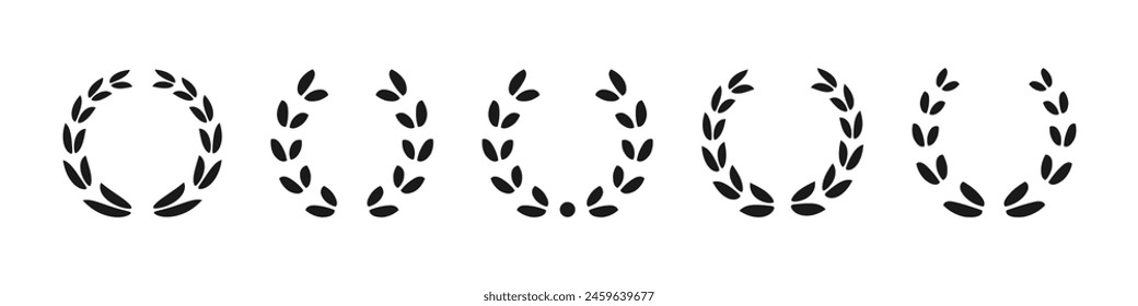 Laurel wreath icon set. Black silhouette wreath. Circular laurel wreath. Vector.