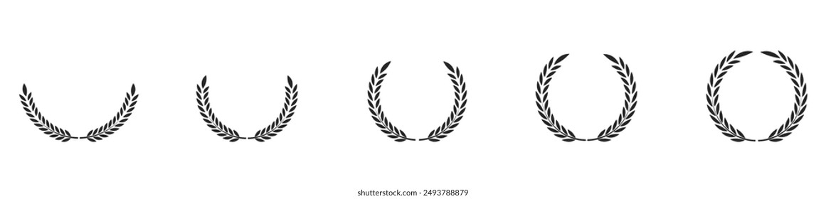 Laurel wreath icon set. Сollection of black circular foliate laurels branches. Vintage laurel wreaths. Black silhouette circular laurel foliate, wheat and oak wreaths depicting an award, achievement.