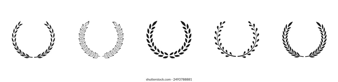 Laurel wreath icon set. Сollection of black circular foliate laurels branches. Vintage laurel wreaths. Black silhouette circular laurel foliate, wheat and oak wreaths depicting an award, achievement.