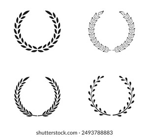 Laurel wreath icon set. Сollection of black circular foliate laurels branches. Vintage laurel wreaths. Black silhouette circular laurel foliate, wheat and oak wreaths depicting an award, achievement.