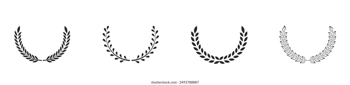 Laurel wreath icon set. Сollection of black circular foliate laurels branches. Vintage laurel wreaths. Black silhouette circular laurel foliate, wheat and oak wreaths depicting an award, achievement.