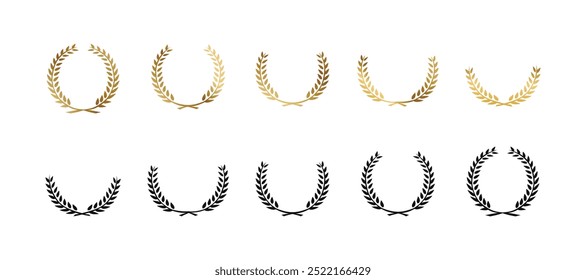 Laurel wreath icon set. Сollection of black and gold circular foliate laurels branches. Vintage laurel wreaths, wheat and oak wreaths depicting an award, achievement.