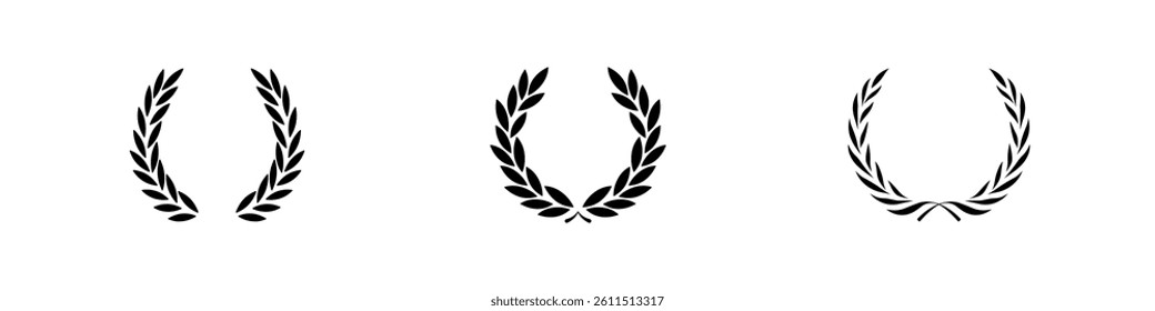 Laurel wreath icon set. Black circular laurel olive branches greek wreath. Vintage laurel wreaths. Winner award of olive leaves, stars of victory, achievement heraldry symbol. Vector illustration.