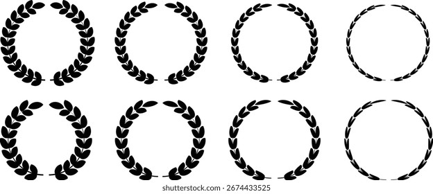 Laurel wreath icon set. Black circular laurel olive branches greek wreath. Vintage laurel wreaths. Winner award of olive leaves