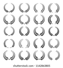 Laurel wreath icon set. Circular wreath made of laurel branches and leaves, symbol of victory and honor. Vector illustration