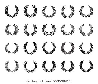 Laurel wreath icon set featuring award chaplet symbols. Simple vector illustrations, perfect for representing victory, achievement, and honor in designs for logos, certificates, and badges. Flat style