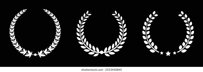 Laurel wreath icon set featuring vintage laurel wreaths, trophy crests, and Greek olive branch awards. Includes white silhouette circular laurel, wheat, and oak wreaths symbolizing achievement