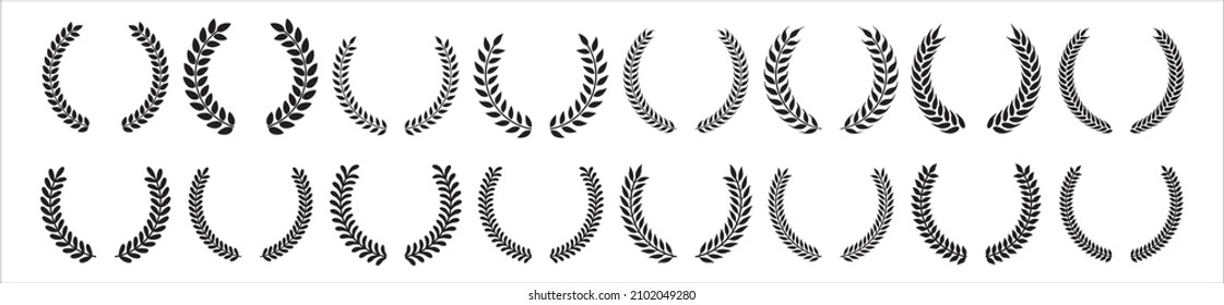 Juego de iconos de la corona de Laurel. Iconos vectoriales de floliage y trigo. Diseño de la corona de hojas redondas para la cresta de trofeo, el borde de galardones y logros. Ilustración del vector