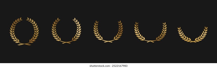 Laurel wreath icon set. Сollection of gold circular foliate laurels branches. Vintage laurel wreaths. gold circular laurel foliate, wheat and oak wreaths depicting an award, achievement.