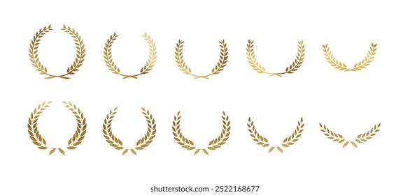 Laurel wreath icon set. Сollection of gold circular foliate laurels branches. Vintage laurel wreaths. gold circular laurel foliate, wheat and oak wreaths depicting an award, achievement.