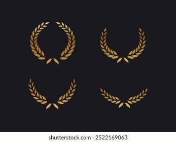 Laurel wreath icon set. Сollection of gold circular foliate laurels branches. Vintage laurel wreaths. gold circular laurel foliate, wheat and oak wreaths depicting an award, achievement.