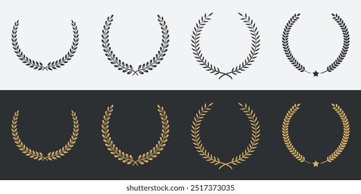 Laurel Wreath Icon Set. Vintage laurel wreaths. Collection of black laurel branches. Hand drawn silhouette laurel wreaths isolated frames best for depicting an award, achievement. Vector illustration.