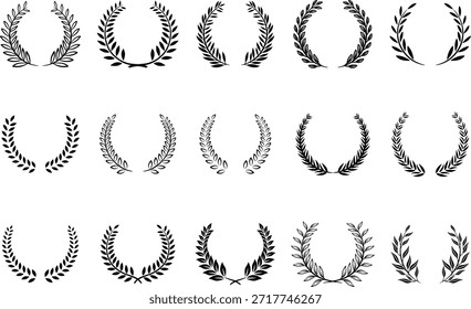 laurel wreath icon set, winner wreath, black laurel wreath from leaves on white background 