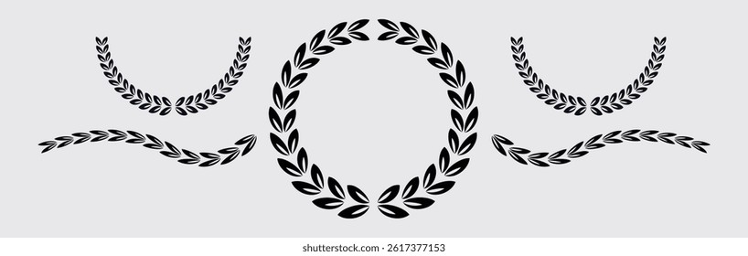 laurel wreath icon set, wreaths and branches with leaves. Hand drawing laurel wreaths and branches collection. Laurels wreaths