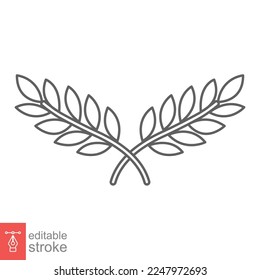 Laurel, icono de la corona. Estilo de contorno simple. Símbolo de victoria, premio ganador, rama y hojas, concepto romano. Diseño de ilustración vectorial de línea aislado en fondo blanco. EPS de trazo editable 10.