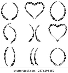 Laurel wreath icon, vector silhouette. Vector black laurels set. laurels heart vector. Set of wreaths and branches with leaves. Hand drawing laurel wreaths and branches collection. 