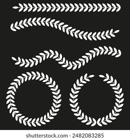 Laurel wreath icons. Curved leaf patterns. Black background contrast. Vector illustration.