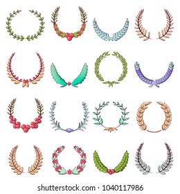 Laurel wreath icons set. Cartoon illustration of 16 laurel wreath vector icons for web