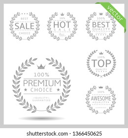 Laurel wreath label badge set isolated. Premium choice, top, hot sale, awesome quality. Vector illustration