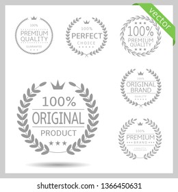 Laurel wreath label badge set isolated. Perfect choice, original product, premium quality. Vector illustration