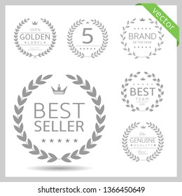 Laurel wreath label badge set isolated. Best seller, five stars, best brand, genuine quality. Vector illustration