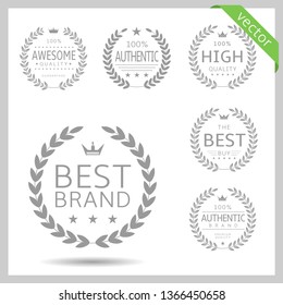 Laurel Wreath Label Badge Set Isolated. Awesome Quality, Best Brand, Authentic Brand. Vector Illustration