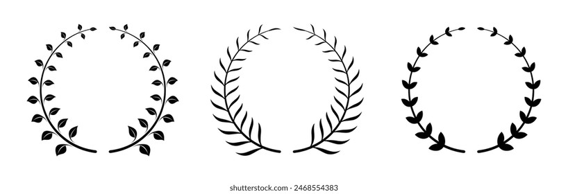 Laurel wreath leaf circle template design for logo elements set of three. Black leaf award glyph pictogram. Winner Chaplet. Laurel wreath silhouette icon set. Vintage olive leaves emblem vector.