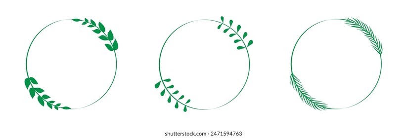 Laurel wreath leaf circle template in green color for design elements set of three. Leaf Circle glyph pictogram. Circle leaf template designs. Laurel wreath silhouette icon set.