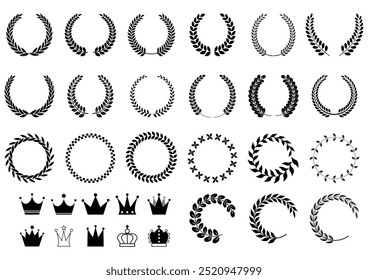 Conjunto de marcos de corona de laurel y motivos de hojas e iconos de corona