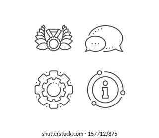 Laurel wreath line icon. Chat bubble, info sign elements. Winner medal symbol. Prize award sign. Linear laureate medal outline icon. Information bubble. Vector