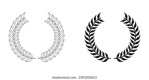 Laurel Wreath Line and Silhouette Black Icon Set. Foliate Award, Tree Branch Symbol Collection. Winner Emblem, Chaplet, Victory Certificate, Olive Leaf Pictogram. Isolated Vector Illustration.