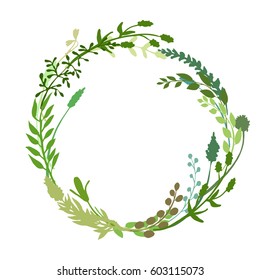 Laurel or wreath made of wild flowers, twigs and herbs. Round floral frame great to place any text, quote or logo. Rustic design great for summer or spring event. Vector illustration isolated.