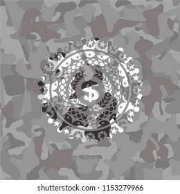laurel wreath with money symbol inside icon on grey camouflaged pattern