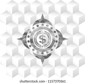 laurel wreath with money symbol inside icon inside realistic grey emblem with cube white background