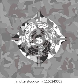laurel wreath with money symbol inside icon on grey camouflaged texture