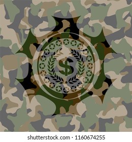 laurel wreath with money symbol inside icon on camouflaged texture