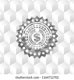 laurel wreath with money symbol inside icon inside grey emblem. Vintage with geometric cube white background