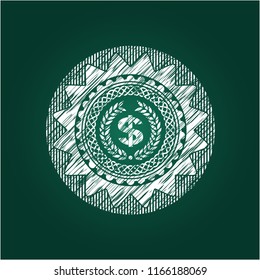 laurel wreath with money symbol inside icon inside chalkboard emblem on black board