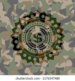 laurel wreath with money symbol inside icon inside camouflage texture