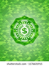 laurel wreath with money symbol inside icon inside green emblem with mosaic ecological style background
