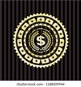 laurel wreath with money symbol inside icon inside golden badge