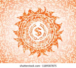 laurel wreath with money symbol inside icon inside orange mosaic emblem