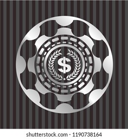 laurel wreath with money symbol inside icon inside silver emblem or badge