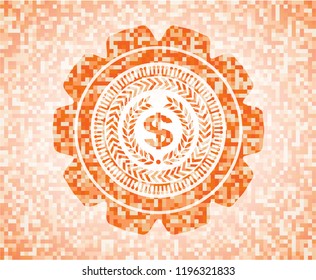 laurel wreath with money symbol inside icon inside orange tile background illustration. Square geometric mosaic seamless pattern with emblem inside.