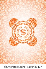 laurel wreath with money symbol inside icon inside abstract orange mosaic emblem