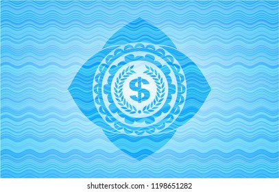 laurel wreath with money symbol inside icon inside light blue water wave badge background.