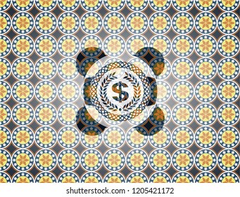 laurel wreath with money symbol inside icon inside arabesque style badge. arabic decoration.