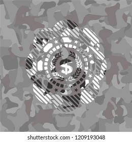 laurel wreath with money symbol inside icon inside grey camouflage texture